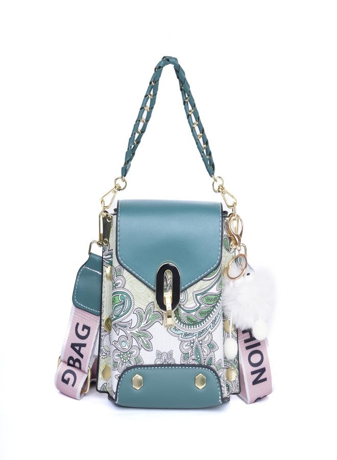 SANTORINI Paisley Mini Luxe Sling Bag for Women | Premium Faux Leather | 2 Compartments | Twist Lock | Bag Charm | Extra Sling Strap (Green) - Image 1