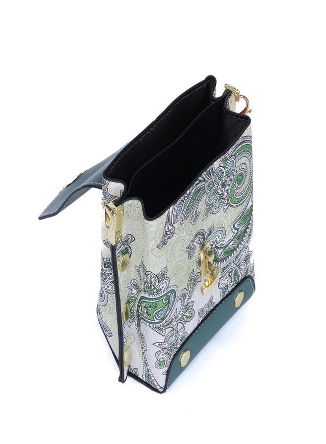 SANTORINI Paisley Mini Luxe Sling Bag for Women | Premium Faux Leather | 2 Compartments | Twist Lock | Bag Charm | Extra Sling Strap (Green) - Image 4