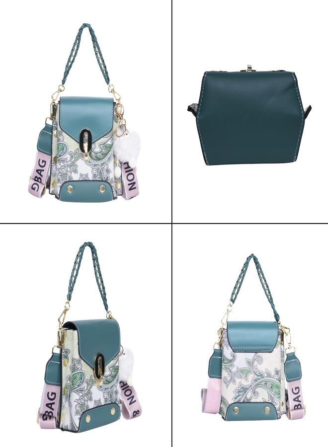 SANTORINI Paisley Mini Luxe Sling Bag for Women | Premium Faux Leather | 2 Compartments | Twist Lock | Bag Charm | Extra Sling Strap (Green) - Image 3