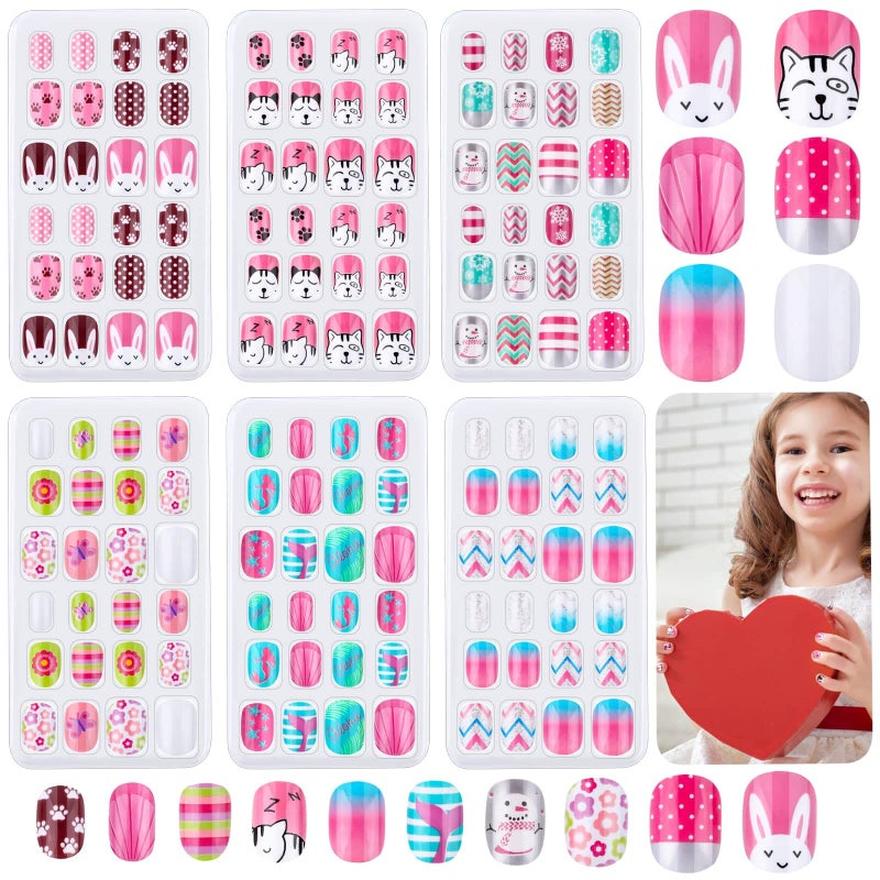 Thrilez Kids Press on Nails, Thrilez 144Pcs Girls False Nails Children Artificial Fake Nail Tips Pre Glue Stick on Short Nails Decoration Gift for Kids Teens Girls Age 7 12 (Colorful Days) - Image 1