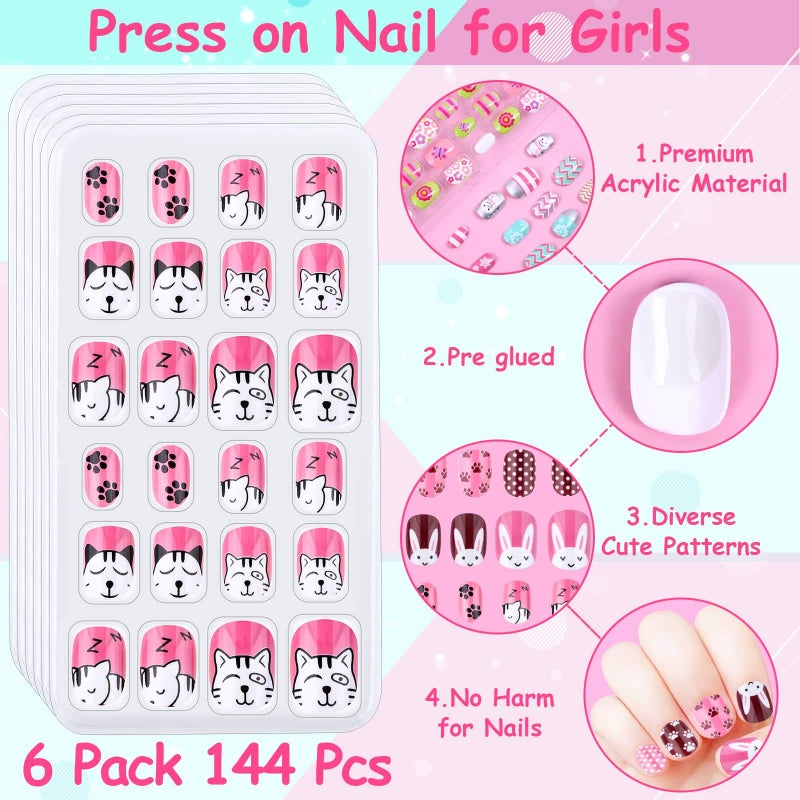 Thrilez Kids Press on Nails, Thrilez 144Pcs Girls False Nails Children Artificial Fake Nail Tips Pre Glue Stick on Short Nails Decoration Gift for Kids Teens Girls Age 7 12 (Colorful Days) - Image 4