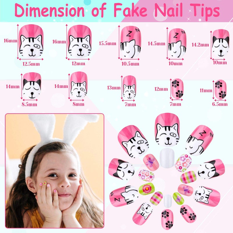 Thrilez Kids Press on Nails, Thrilez 144Pcs Girls False Nails Children Artificial Fake Nail Tips Pre Glue Stick on Short Nails Decoration Gift for Kids Teens Girls Age 7 12 (Colorful Days) - Image 5