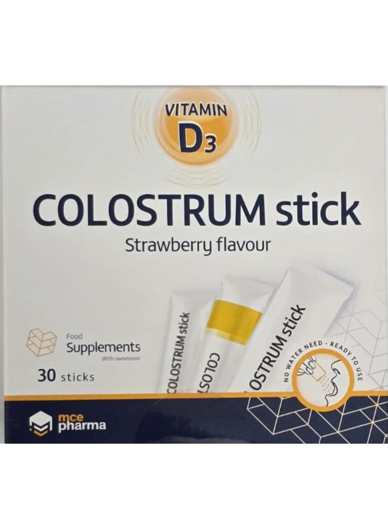 Colostrum Stick Vitamin D3 Nutritional Supplement Strawberry Flavour Immune Support 30 Sticks