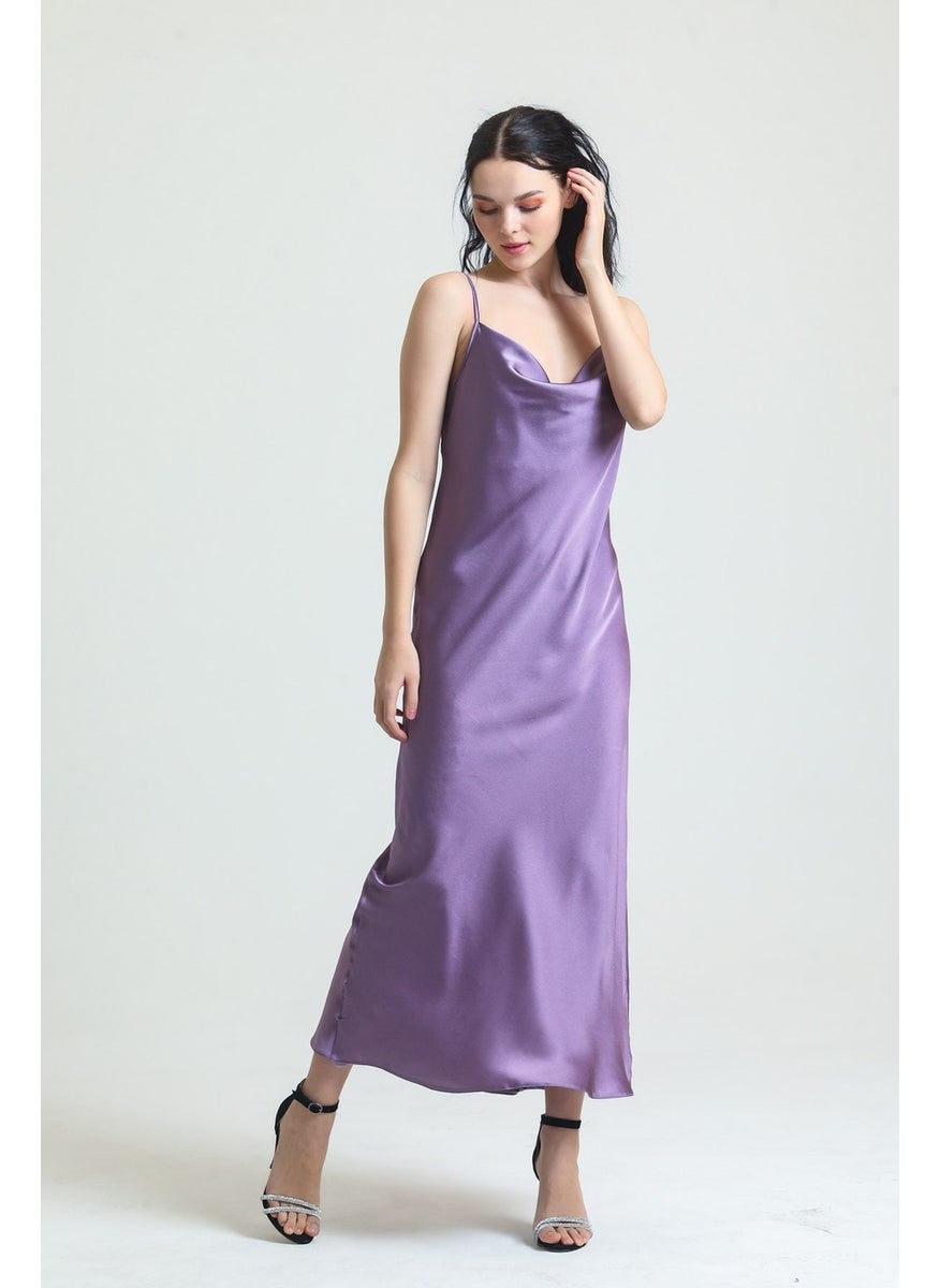 Magic Form - 9790 Women's Lilac Cowl Collar Crepe Satin Long Nightgown - Image 1