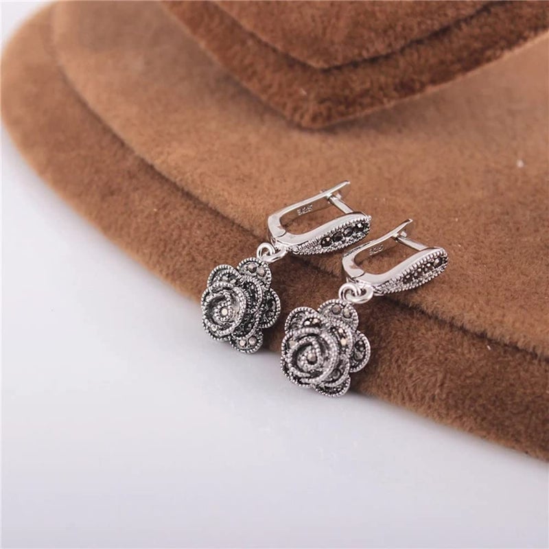 Zyoenxl Vintage Earrings For Women Black CZ Rose Flower Drop Earrings Jewelry - Image 3