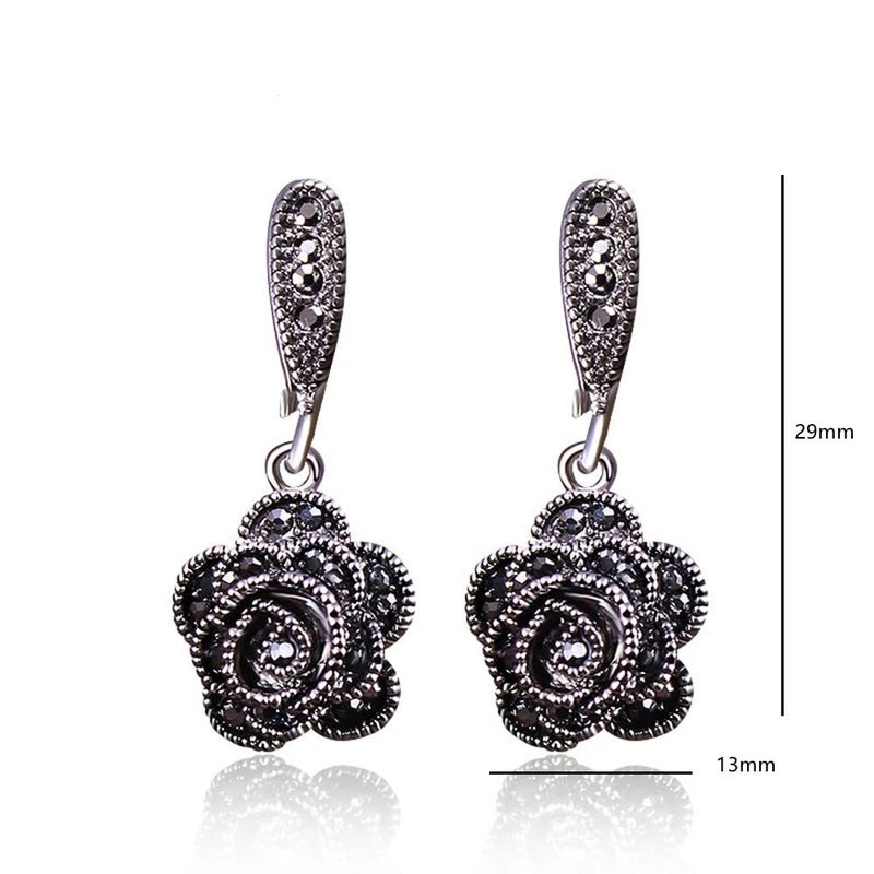 Zyoenxl Vintage Earrings For Women Black CZ Rose Flower Drop Earrings Jewelry - Image 2