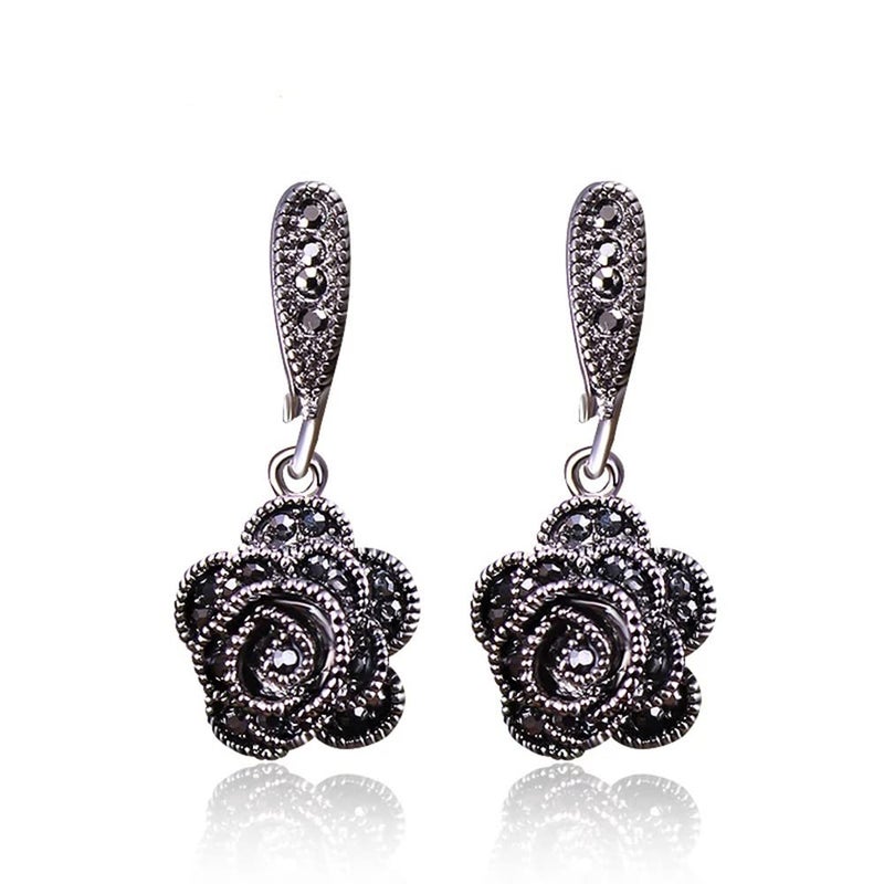 Zyoenxl Vintage Earrings For Women Black CZ Rose Flower Drop Earrings Jewelry - Image 1