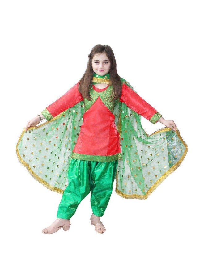 Kaku Fancy Dresses Polyester Indian State Punjabi Folk Dance Costume For Kids/Salwar Suit With Dupatta For Girl Costume -Red & Green, 5-6 Years - Image 2