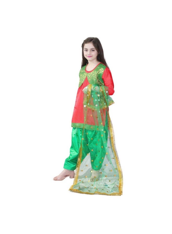 Kaku Fancy Dresses Polyester Indian State Punjabi Folk Dance Costume For Kids/Salwar Suit With Dupatta For Girl Costume -Red & Green, 5-6 Years - Image 3