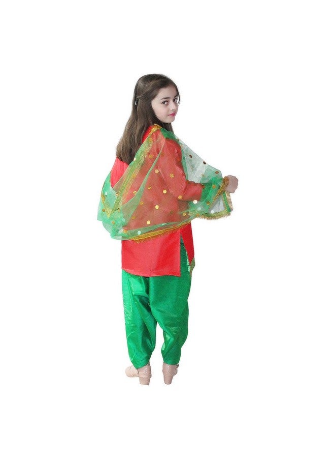 Kaku Fancy Dresses Polyester Indian State Punjabi Folk Dance Costume For Kids/Salwar Suit With Dupatta For Girl Costume -Red & Green, 5-6 Years - Image 4