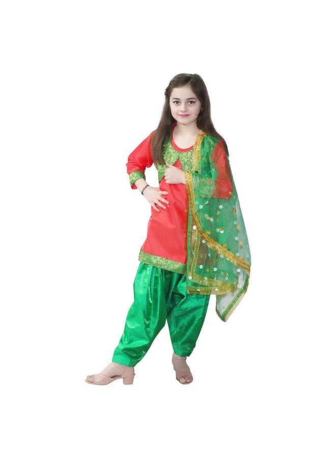 Kaku Fancy Dresses Polyester Indian State Punjabi Folk Dance Costume For Kids/Salwar Suit With Dupatta For Girl Costume -Red & Green, 5-6 Years - Image 1
