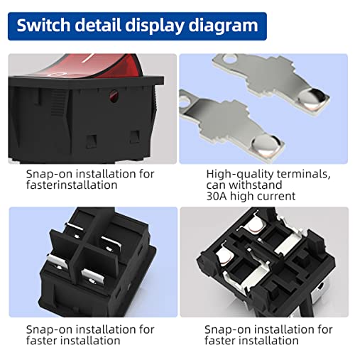 lcocove JD 2pcs 30A Power Switch 125V/250V AC Boat Rocker Switch ON/Off Switch 4Pins 2Position Red Light Illuminated Toggle Switch with UL Certificate - Image 5