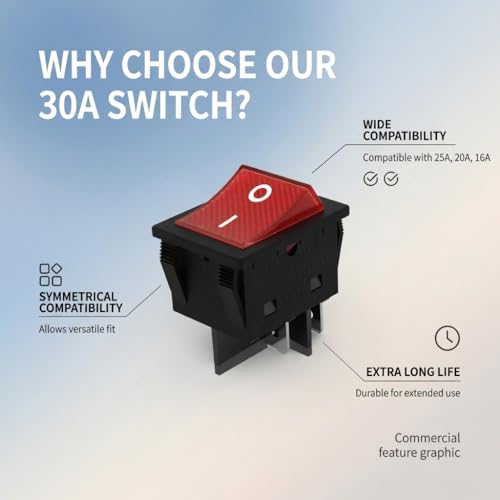 lcocove JD 2pcs 30A Power Switch 125V/250V AC Boat Rocker Switch ON/Off Switch 4Pins 2Position Red Light Illuminated Toggle Switch with UL Certificate - Image 2
