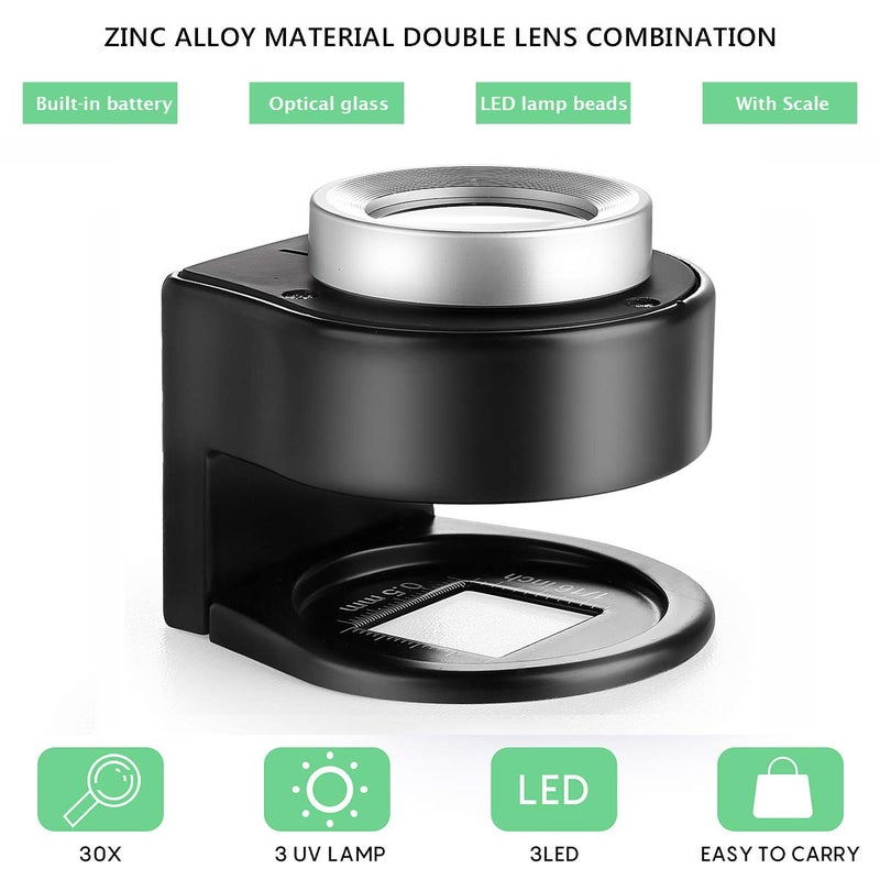 Amoper 30X Coin Magnifier, USB Rechargeable 6 Lights Portable Metal Eye Loupe Sewing Magnifying Glass for Textile Optical Jewelry Tool Coins Currency Stamps (Black) - Image 2