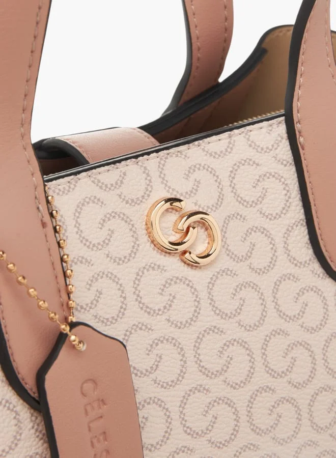 Celeste Womens Monogram Print Tote Bag With Double Handle And Snap Button Closure