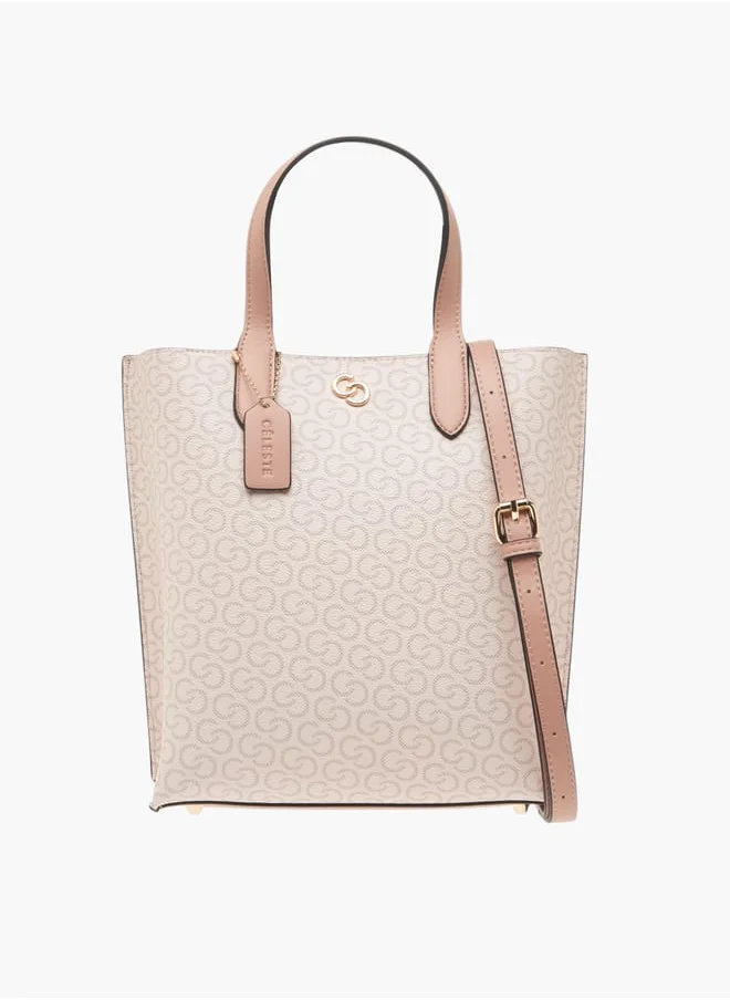 سيليست Womens Monogram Print Tote Bag With Double Handle And Snap Button Closure