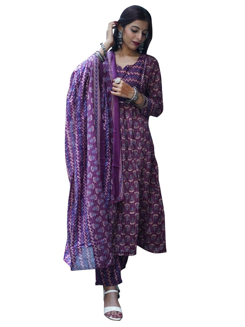 Monira Women's Cotton Blend Jaipuri Printed Kurta & Pant With Dupatta (MONST218F-6XL_Wine & Beige_6XL) - Image 1