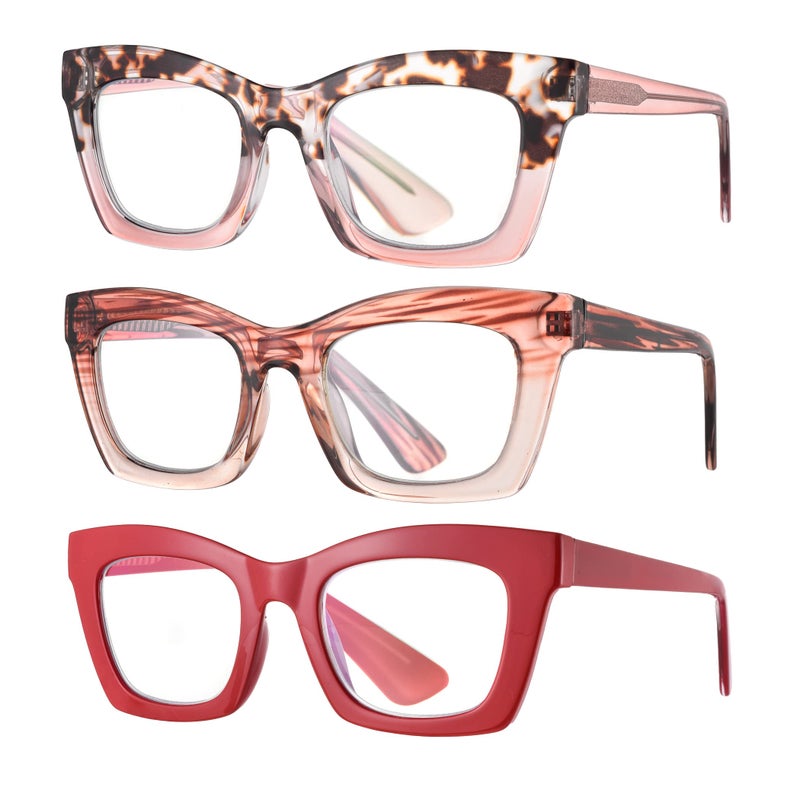 bullabulling 3 pack Oprah style Spring hinge Readers Blue Light Blocking Computer Square Reading Glasses for Women Men (pink/stripe/red, 2.0) - Image 1