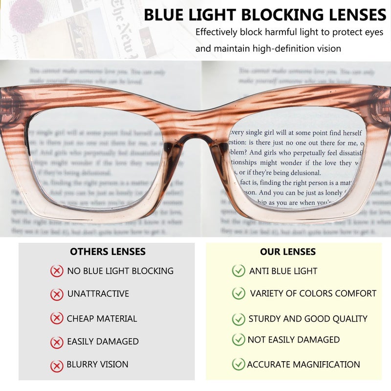 bullabulling 3 pack Oprah style Spring hinge Readers Blue Light Blocking Computer Square Reading Glasses for Women Men (pink/stripe/red, 2.0) - Image 4