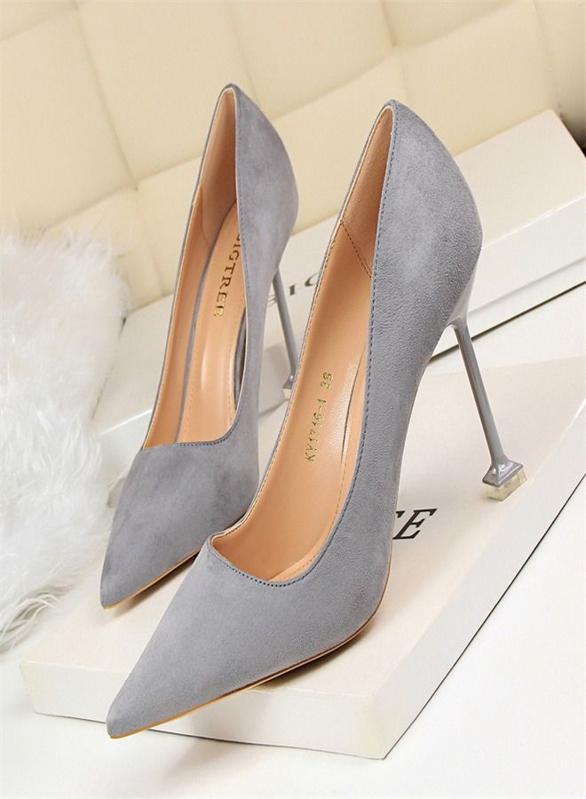 BIGTREE Suede Shallow Pointed High Heels 9.5CM Grey