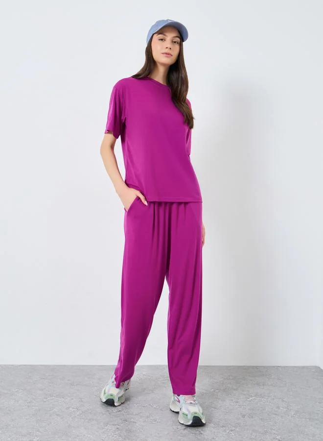 Take Two Take Two Solid Short Sleeve Top and Wide Leg Joggers Co-Ords