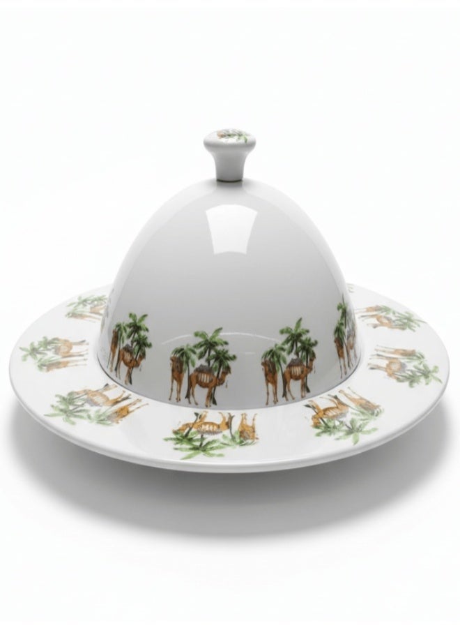Yuniverse Melamine Serving Tray with Dome Lid, 32 cm,  White with Camel and Palm Tree Design - Image 1