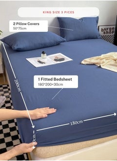 LUNA Home 3 Pieces Fitted Bedsheet Set, Washable Cotton, Blue Color, Various Sizes.  - Image 2