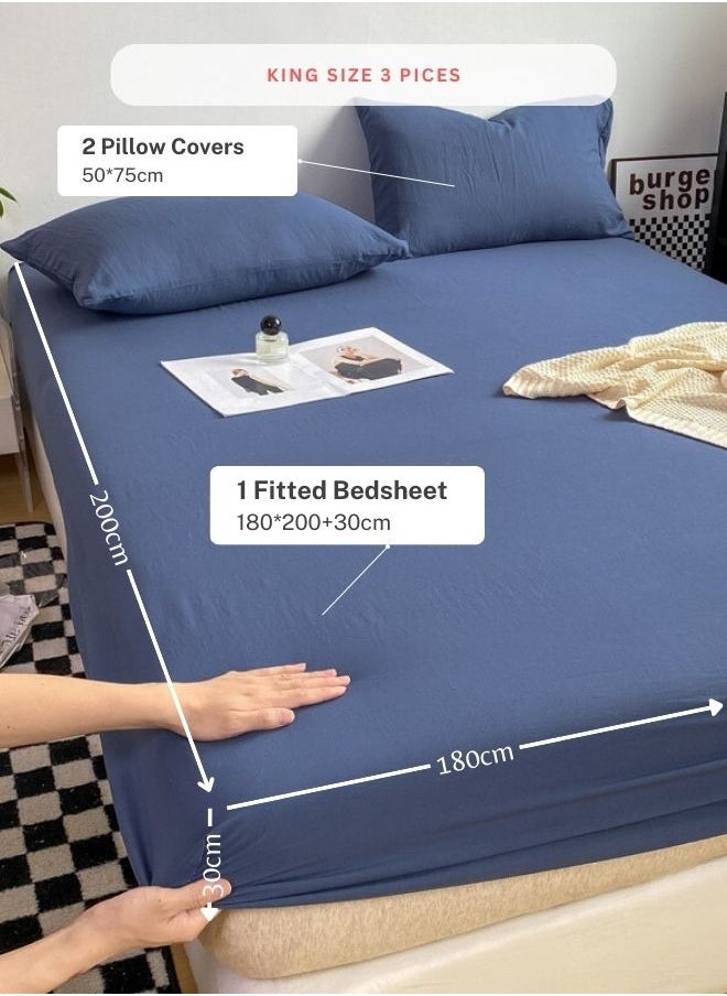 LUNA Home - 3 Pieces Fitted Bedsheet Set, Washable Cotton, Blue Color, Various Sizes. - Image 1