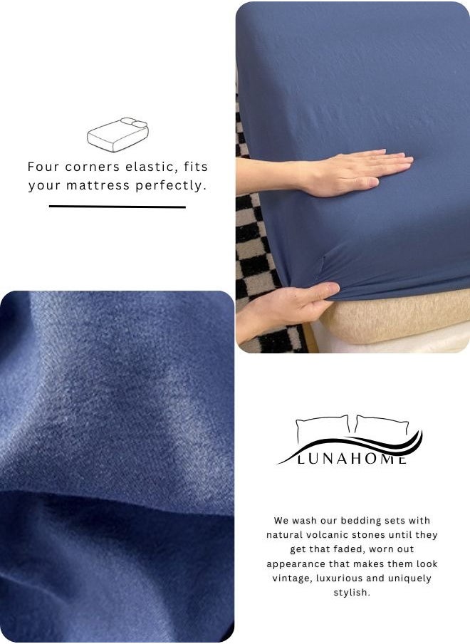 LUNA Home - 3 Pieces Fitted Bedsheet Set, Washable Cotton, Blue Color, Various Sizes. - Image 1