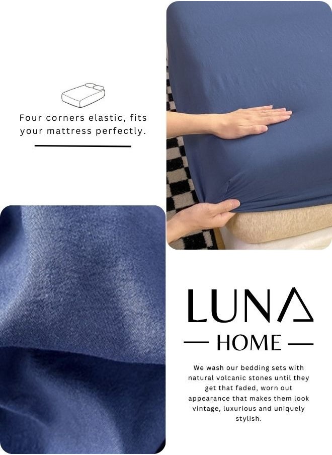 LUNA Home - 3 Pieces Fitted Bedsheet Set, Washable Cotton, Blue Color, Various Sizes. - Image 1