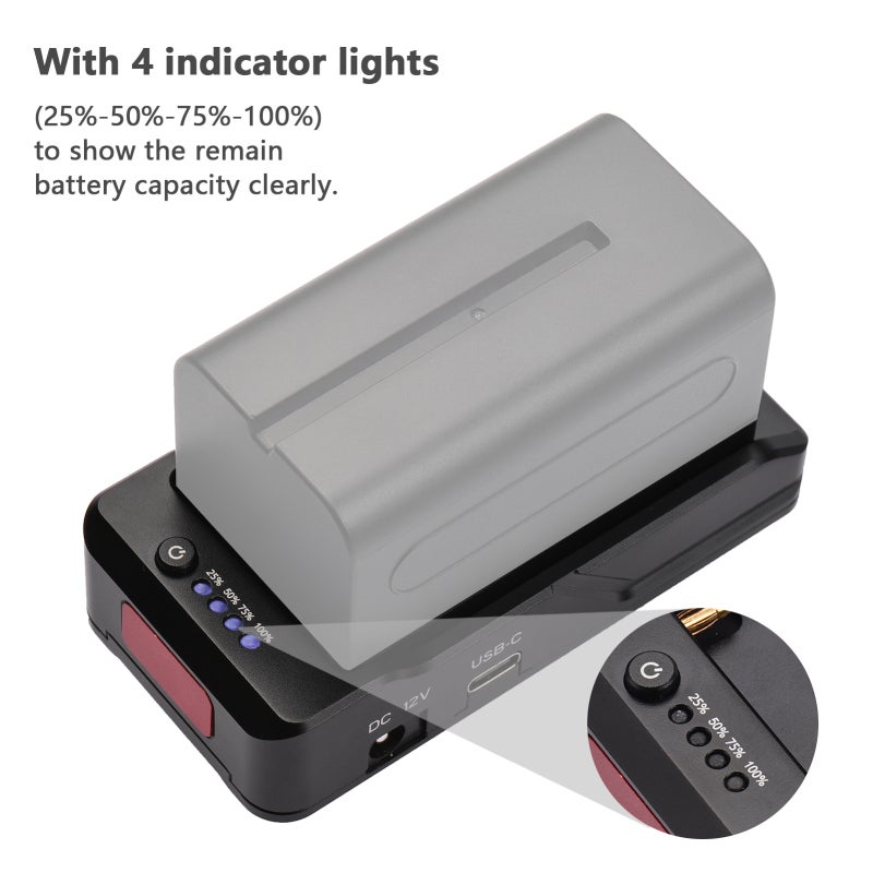 NP-F Battery Charger: Black Metal Adapter Plate - Type-C Bi-Directional Charging Interface DC12V & DC7.4V Outputs for DSLR ILDC BMPCC Cameras Mobile Phones Camera Cages - Image 5