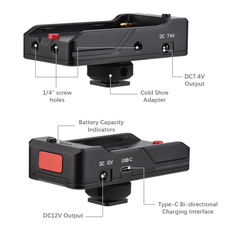 NP-F Battery Charger: Black Metal Adapter Plate - Type-C Bi-Directional Charging Interface DC12V & DC7.4V Outputs for DSLR ILDC BMPCC Cameras Mobile Phones Camera Cages - Image 2
