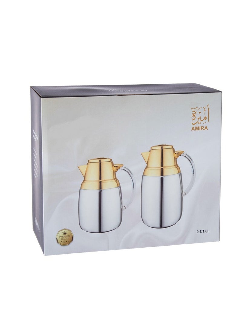 Dania - 2 Pieces Thermos Set For Coffee And Tea  White And Golden 0.7 Liters + 1 Liter - Image 1