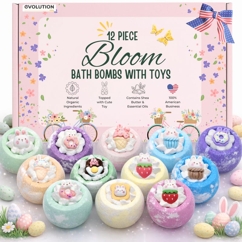 EvolutionUSA 12pc Bloom Bath Bombs with Toys, Adorable Girl Bath Bomb Set, Bubbly Kids Bathbombs, Fizzy Bath Ball, Kids Bath Bombs for Girls, Childrens Bath Bomb Set Easter, Birthday Gift - Image 1