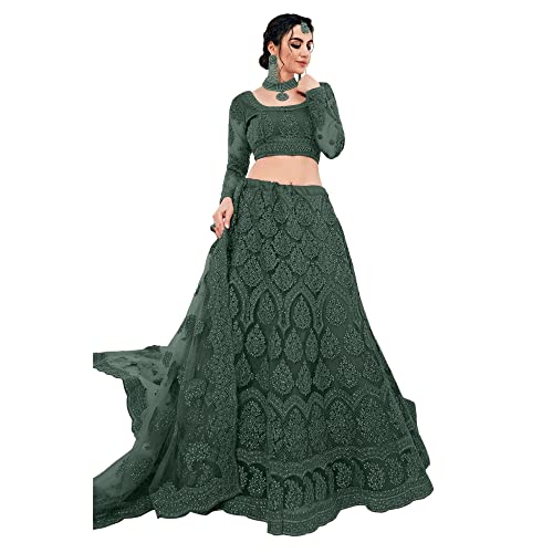 PATLANI Letest Design chain embroderied with Stone Work Woman s Flered Lehenga choli.Green (Semi Stitched) - Image 1