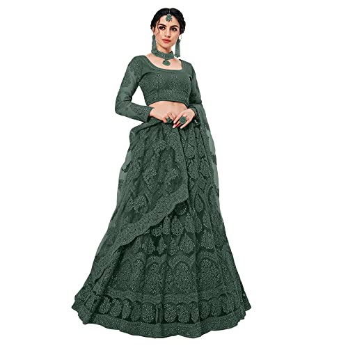 PATLANI Letest Design chain embroderied with Stone Work Woman s Flered Lehenga choli.Green (Semi Stitched) - Image 3