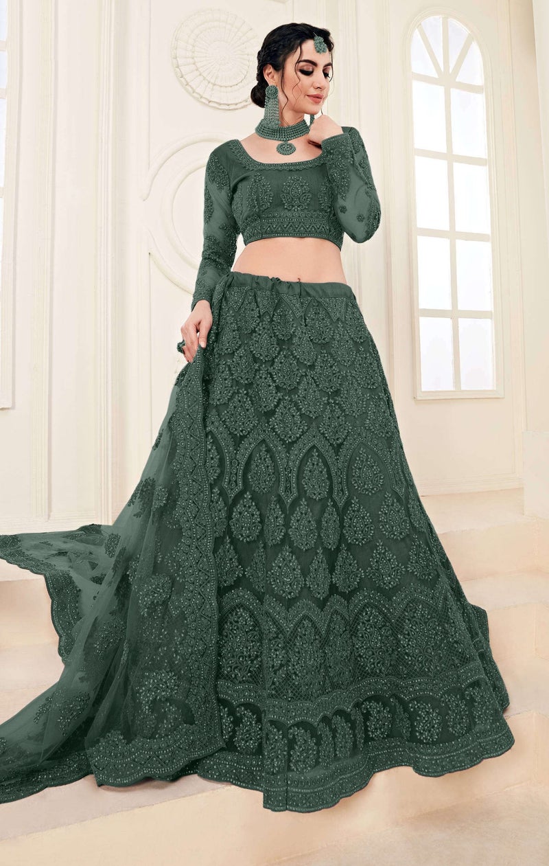 PATLANI Letest Design chain embroderied with Stone Work Woman s Flered Lehenga choli.Green (Semi Stitched) - Image 4