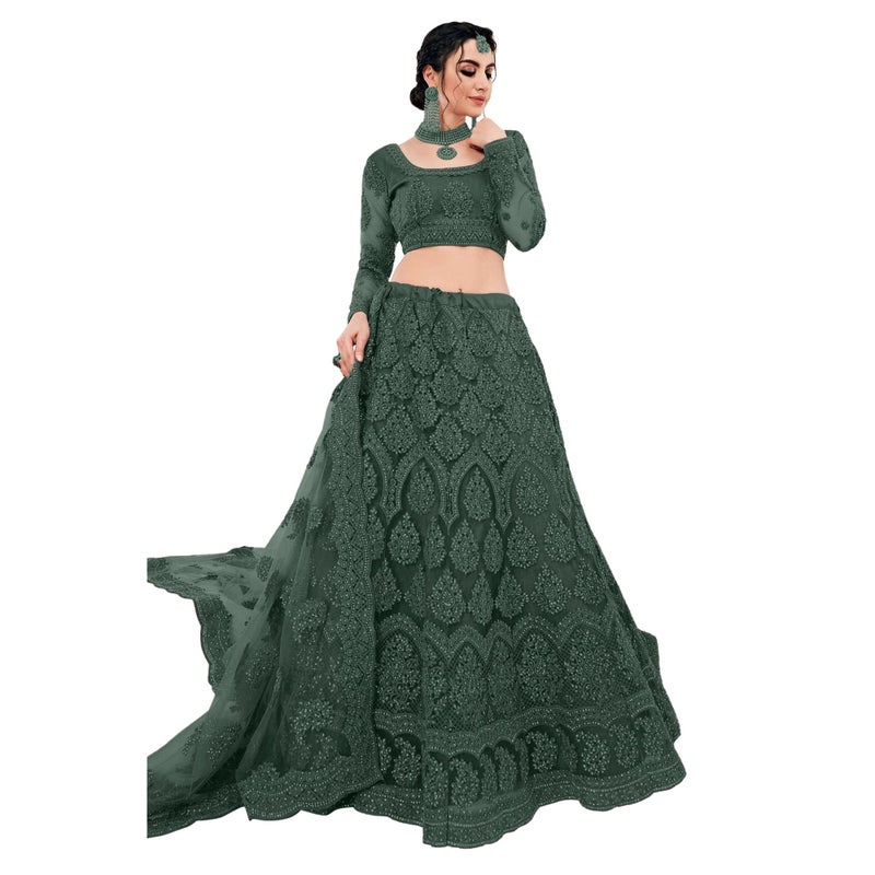 PATLANI Letest Design chain embroderied with Stone Work Woman s Flered Lehenga choli.Green (Semi Stitched) - Image 5