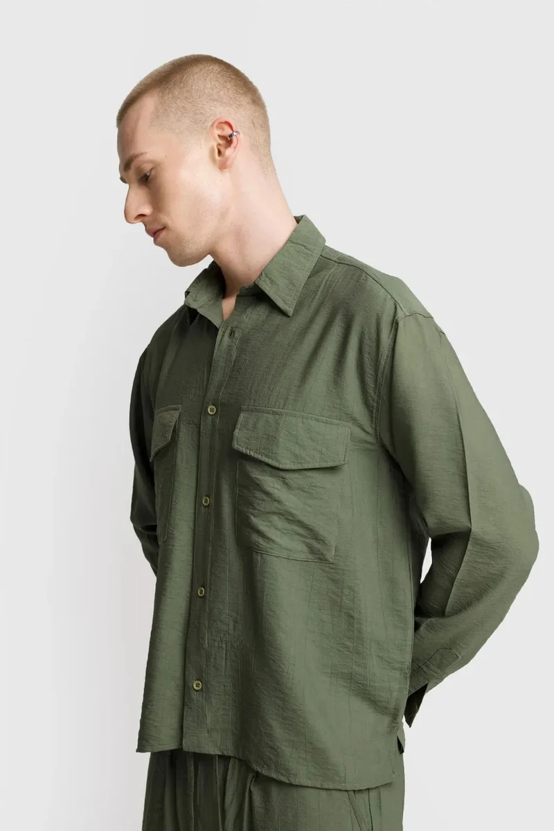 Giesto Khaki Green GIESTO Long Sleeve Button-Up Shirt with Pocket for Men | Best Price UAE