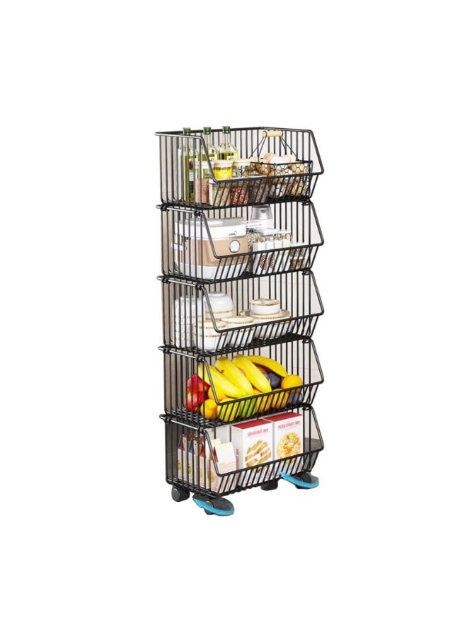 13-Wire Storage Rack, Kitchen Storage & Organisation Unit, Kitchen Vegetable Fruit Basket Trolley,Storage Rack With Wheels, Carbon Steel Black - Image 1