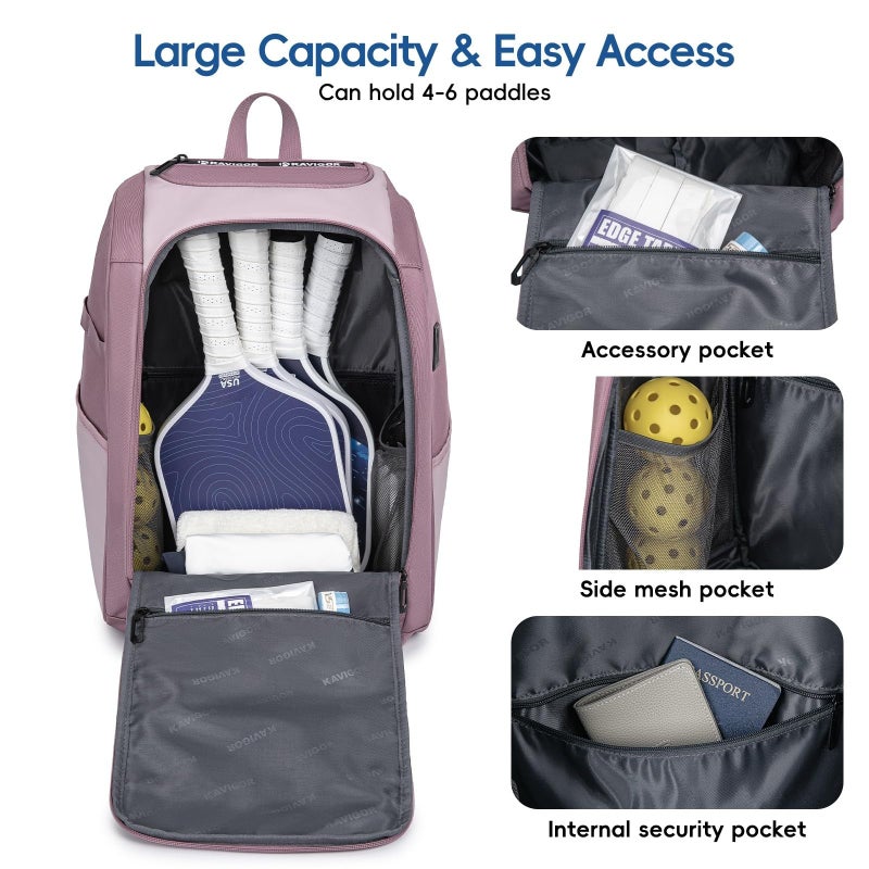 KAVIGOR Pickleball Bag, Large Pickleball Backpack Holds 4 to 6 Paddles, Shoes Compartment & Wet/Dry Pocket (9 Pockets), Charge Port - Image 3