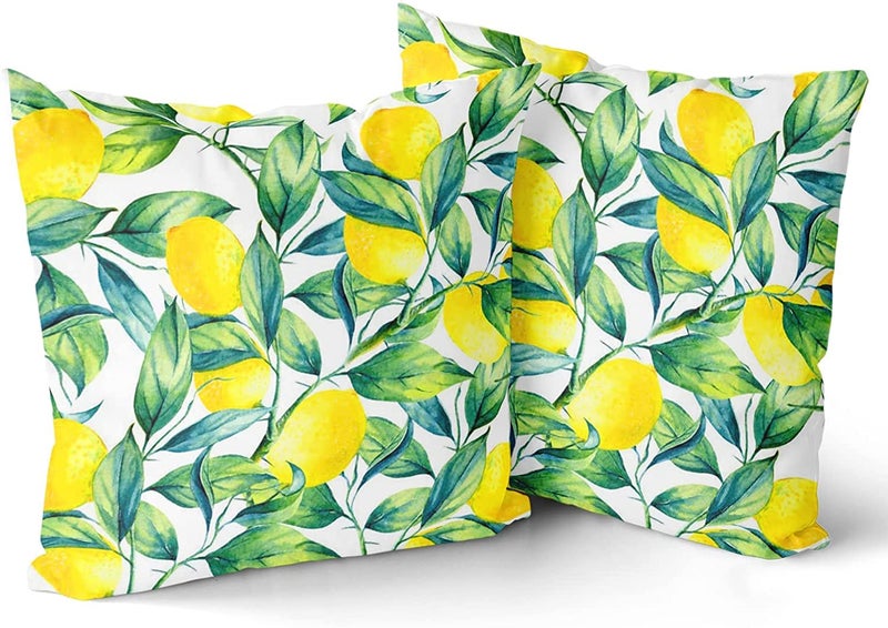 Yellow Lemon Throw Pillow Covers  18 x 18 Inch Watercolor Lemon with Green Leaves Pattern Pillow Case Set of 2 Decorative Square Cushion Cover for Sofa Couch Car Bedroom Home Decor