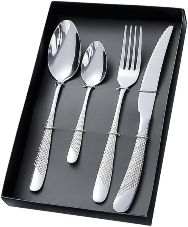 Silverware Flatware Cutlery Set, 4/16/24/32/40/48 Pieces Stainless Steel Cutlery Box Set Steak Knife, Fork and Spoon,Gold silver-32 Pieces for 8 -Silver-4 Pieces for 1 - Image 1