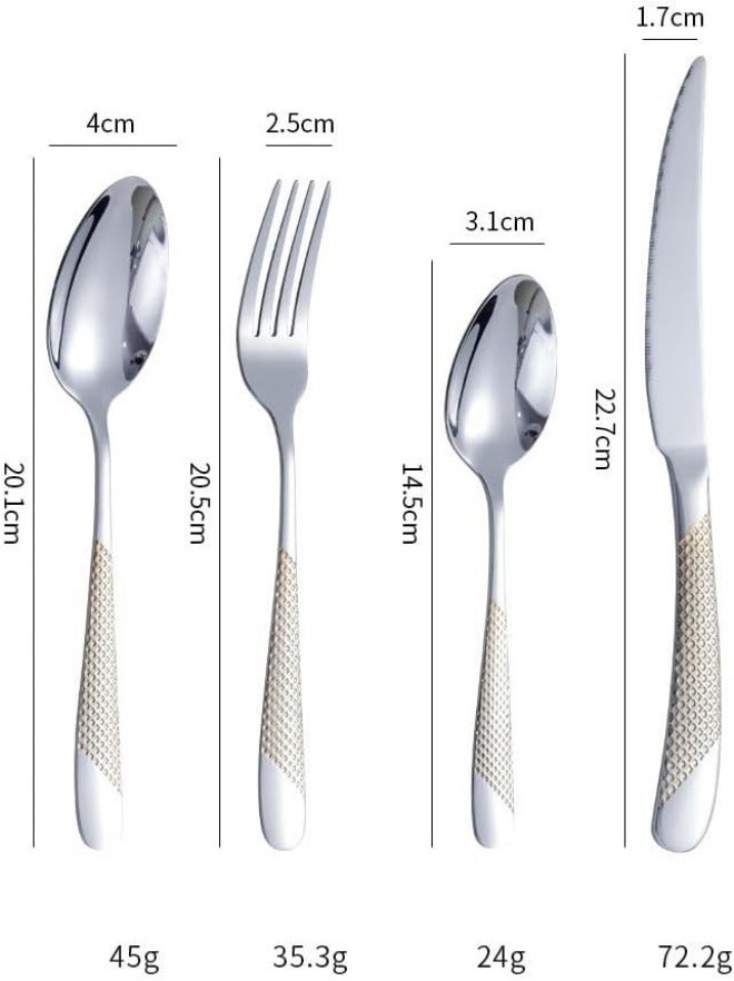 Silverware Flatware Cutlery Set, 4/16/24/32/40/48 Pieces Stainless Steel Cutlery Box Set Steak Knife, Fork and Spoon,Gold silver-32 Pieces for 8 -Silver-4 Pieces for 1 - Image 2