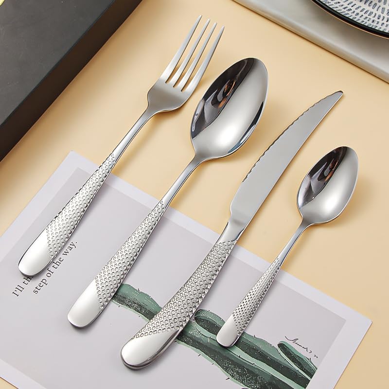 Silverware Flatware Cutlery Set, 4/16/24/32/40/48 Pieces Stainless Steel Cutlery Box Set Steak Knife, Fork and Spoon,Gold silver-32 Pieces for 8 -Silver-4 Pieces for 1 - Image 5