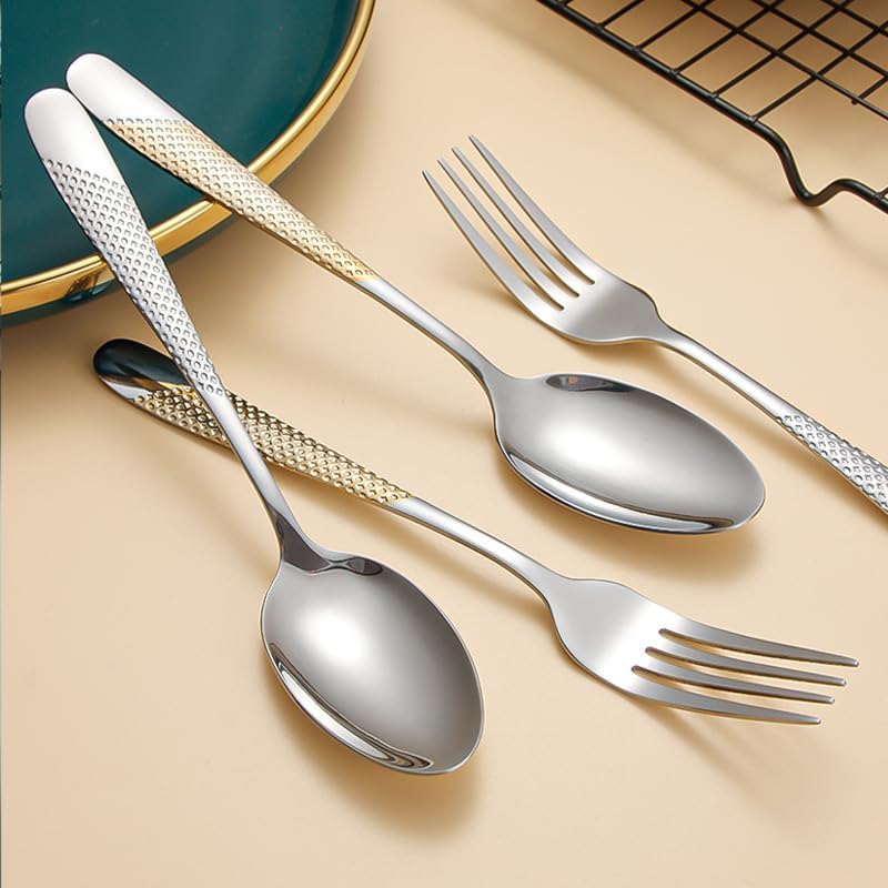 Silverware Flatware Cutlery Set, 4/16/24/32/40/48 Pieces Stainless Steel Cutlery Box Set Steak Knife, Fork and Spoon,Gold silver-32 Pieces for 8 -Silver-4 Pieces for 1 - Image 4