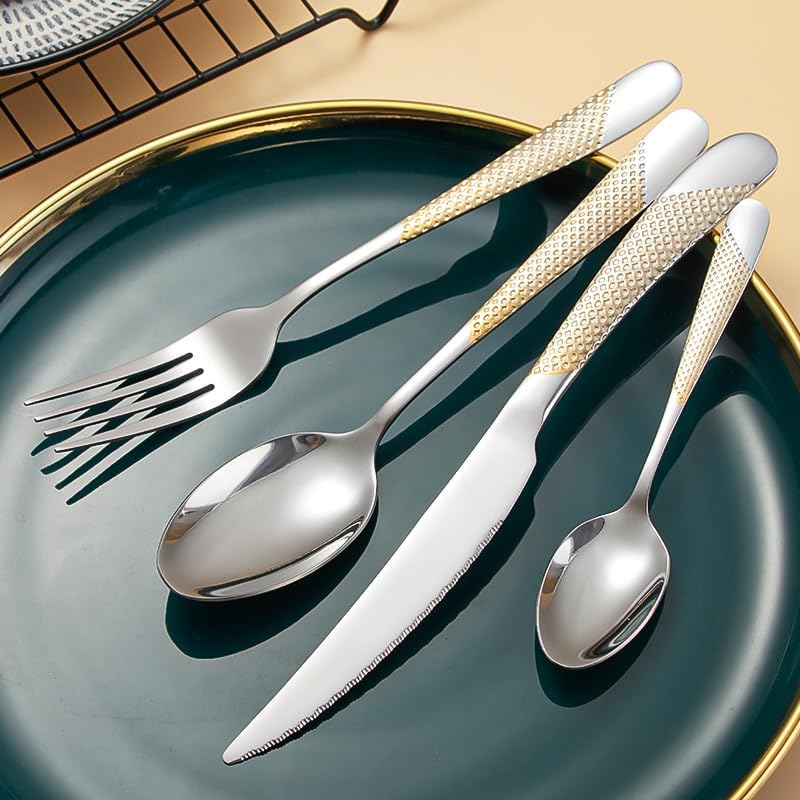 Silverware Flatware Cutlery Set, 4/16/24/32/40/48 Pieces Stainless Steel Cutlery Box Set Steak Knife, Fork and Spoon,Gold silver-32 Pieces for 8 -Silver-4 Pieces for 1 - Image 3