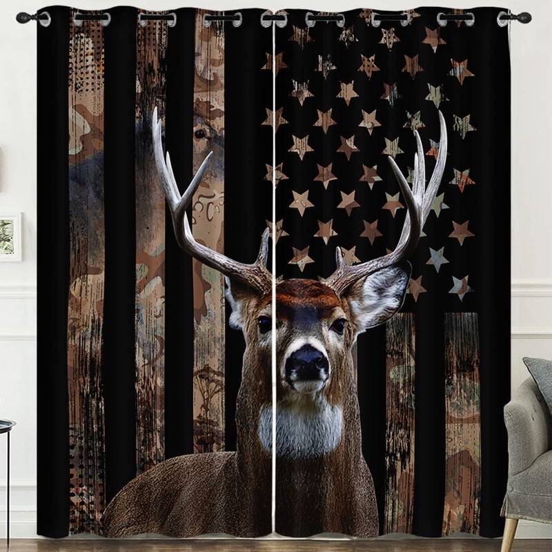 HOSIMA Hunting Deer Curtains for Bedroom Essentials for Men,Forest Wildlife American Flag Curtain for Living Room Kitchen,Hunting Themed Curtains 45 Inch Long 2 Panels Hunter Bedroom Decor. - Image 1