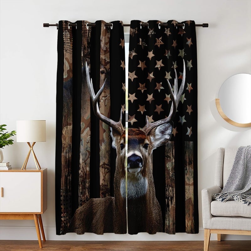 HOSIMA Hunting Deer Curtains for Bedroom Essentials for Men,Forest Wildlife American Flag Curtain for Living Room Kitchen,Hunting Themed Curtains 45 Inch Long 2 Panels Hunter Bedroom Decor. - Image 2