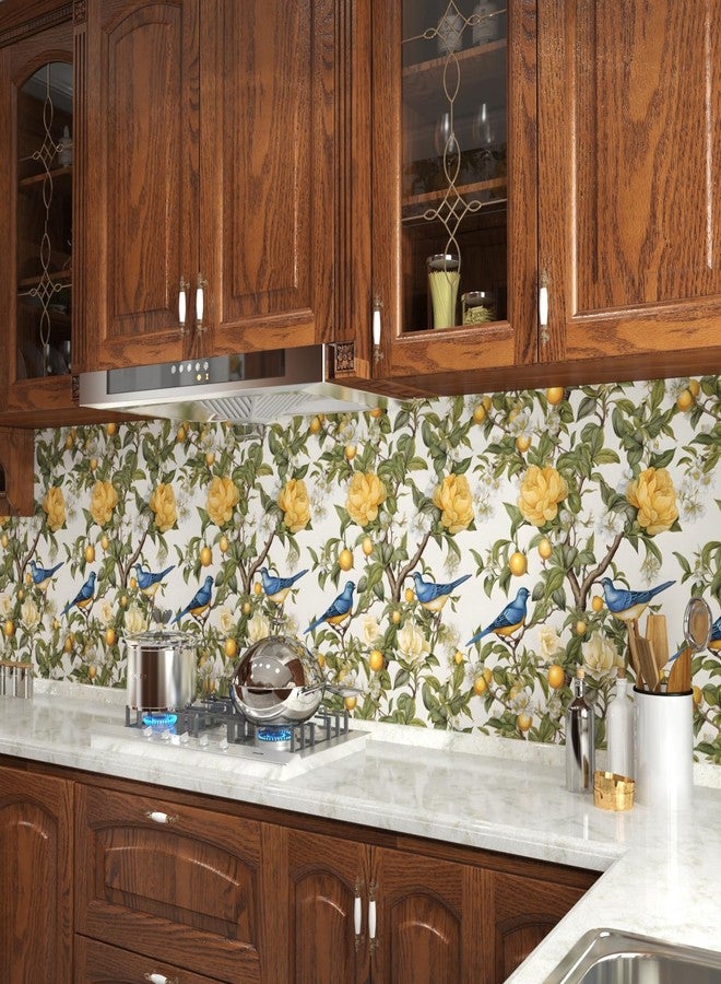 Danodoi Blue Bird Wallpaper Peel and Stick Wallpaper Lemon Tree Wallpaper Yellow Floral Contact Paper for Cabinets Waterproof Self Adhesive Wall Paper for Kitchen Countertop Wall 17.5" x 118" - Image 5